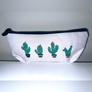 White and Green Cactus Print Make Up or Pencil Bag